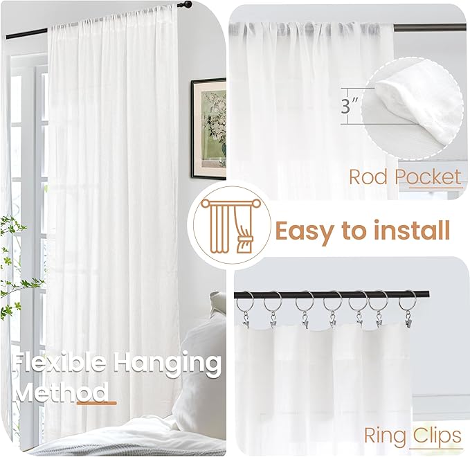 BGment 72 Inch Length White Linen Curtains - Image 6