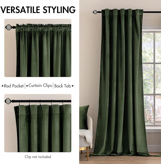 MIULEE Velvet Curtains 52x108 inches 2 Panels Olive Green Blackout Curtains | - Image 2