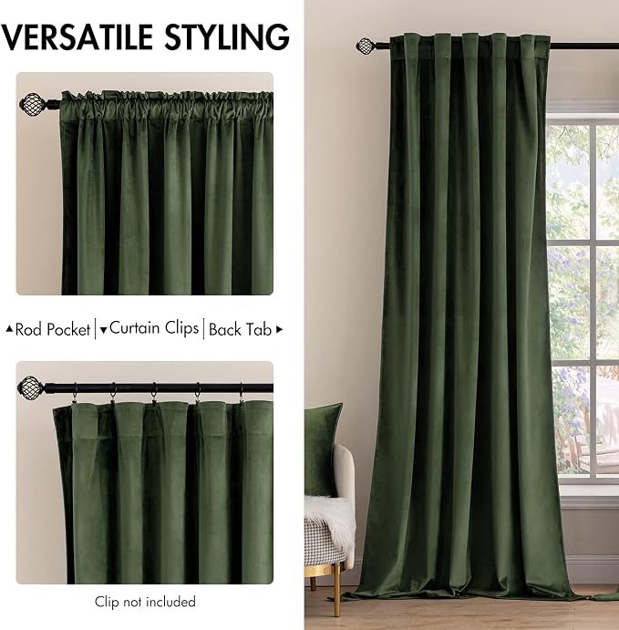 MIULEE Velvet Curtains 52x72 inches 2 Panels Olive Green Blackout Curtains | - Image 2