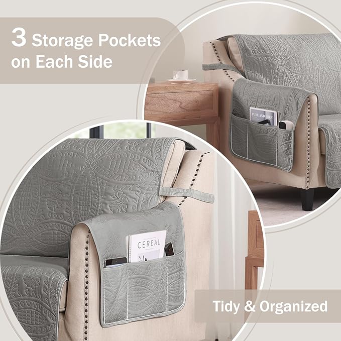 Quilted Cool Gray Sofa Slipcovers - Image 4