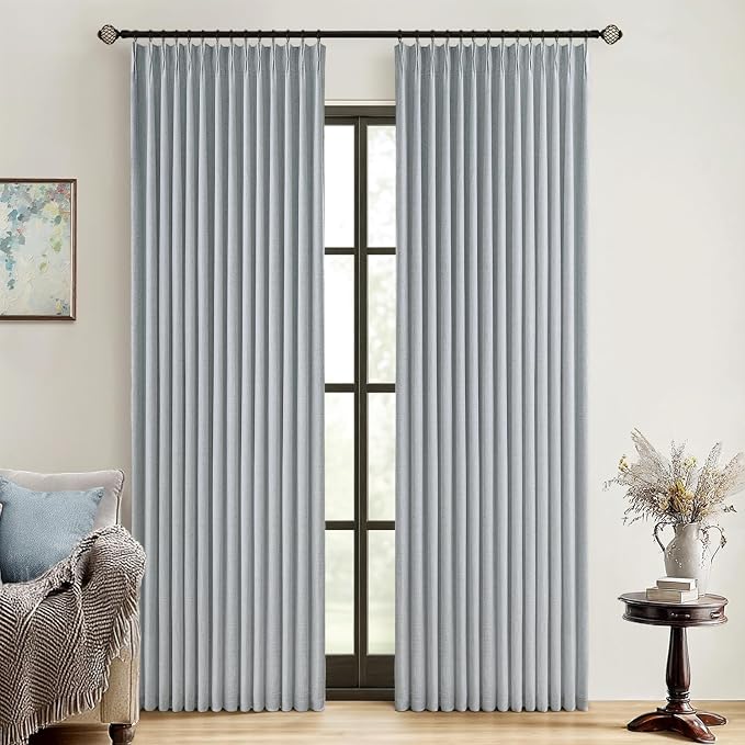 MIULEE Grayish Blue Pinch Pleated 100% Blackout Linen Curtains 40x90 Inches | by MIULEE