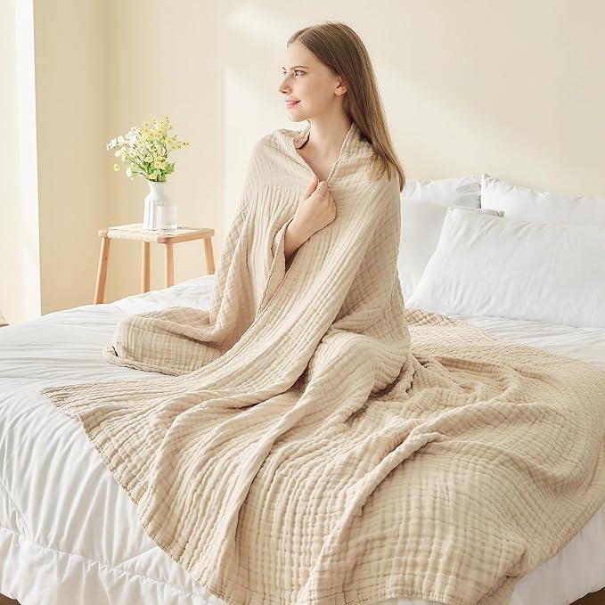 EMME Cotton Blanket King Size for Bed Soft Muslin Blankets 108"x90" Beige - Image 3
