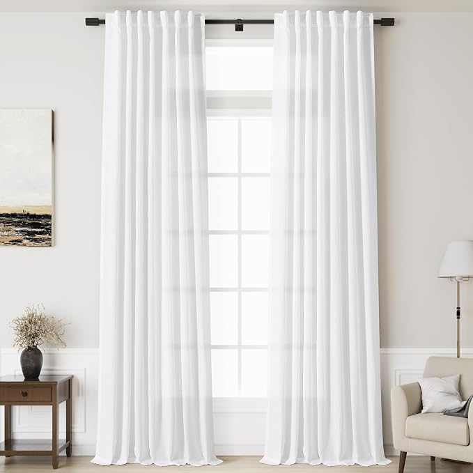 White Linen Curtains 140 Inches Long 2 Panels Set by Nanspring