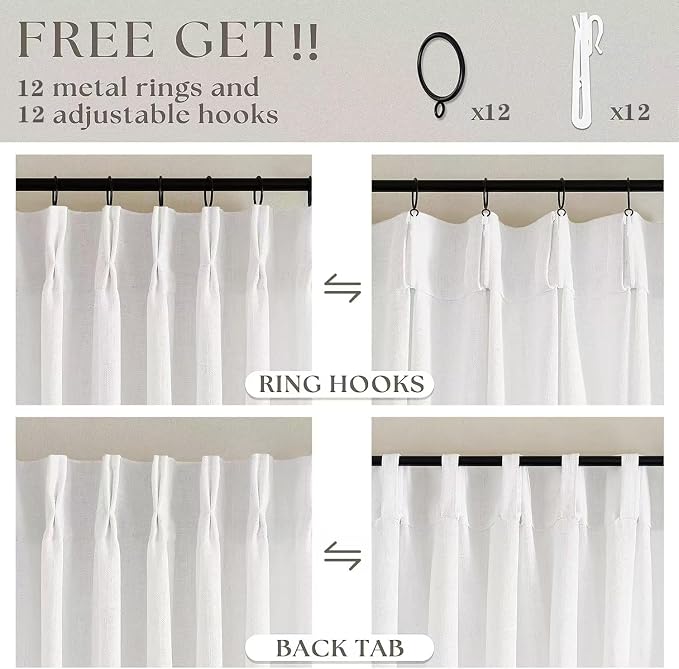 90 Inches Long Linen Curtains 60 Inch Width Pinch Pleated Beige White | Ivory - Image 4