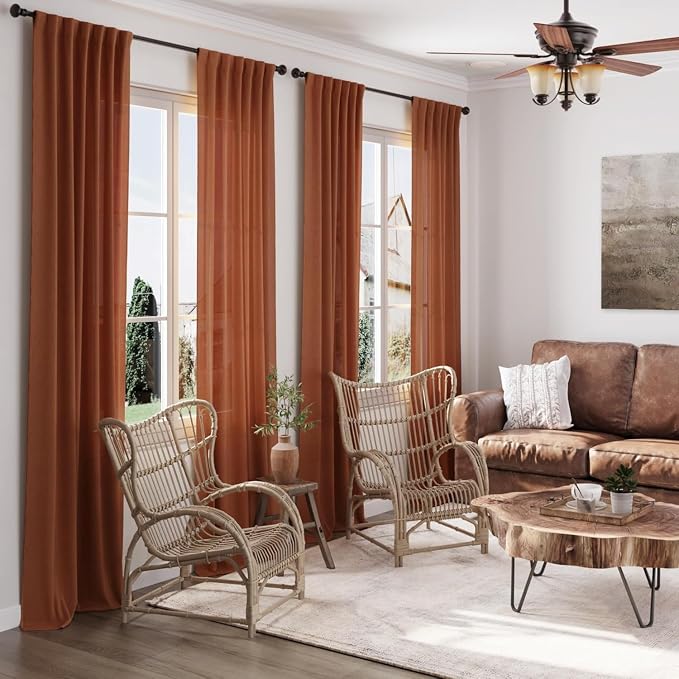 Extra Long Linen Curtains 108 Inches Long 2 Panel Set Back Tab Terracotta Boho - Image 6