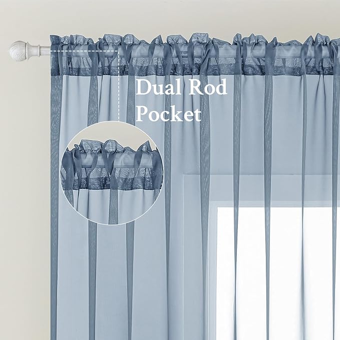 MIULEE Dusty Blue Sheer Curtains 54 X 108 Inches, 2 Panels | Solid Color - Image 2