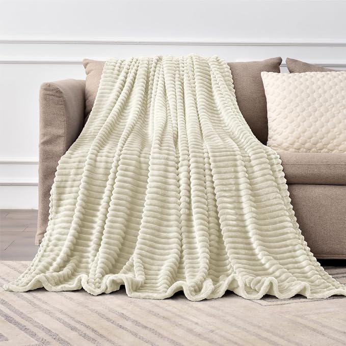 BEDELITE Ribbed Jacquard Beige Fleece Throw Blanket - Image 6