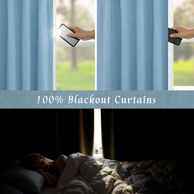 Blue 100% Blackout Linen Window Curtains - Image 3