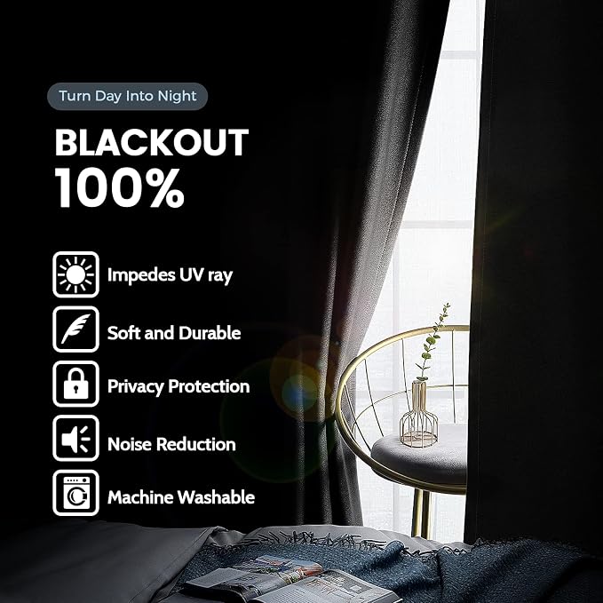 SimpleHome Black 100% Blackout Curtains Room Darkening Living Room 54 Inch | - Image 3