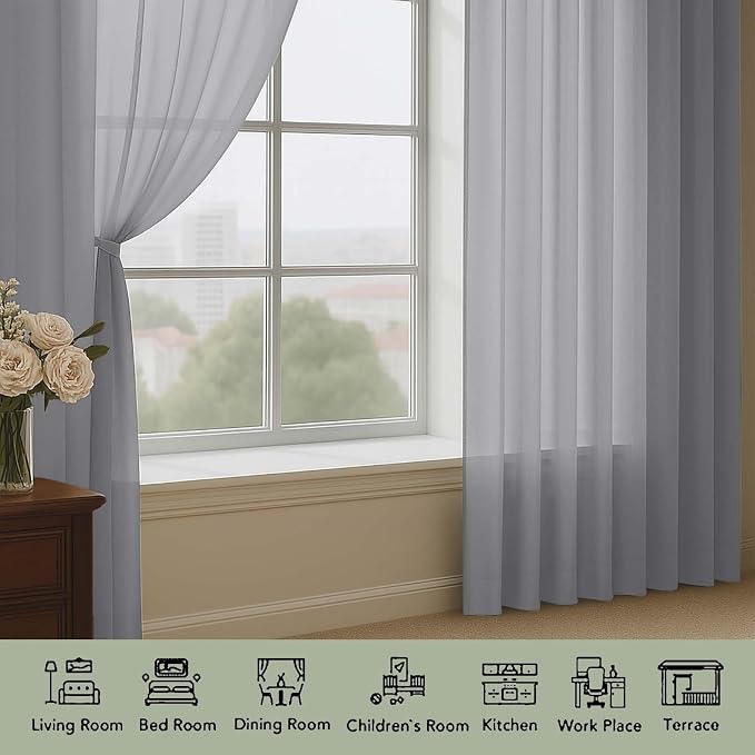 Sheer Curtains 84 Inches Long 2 Panels Set, Sheer Grey Curtains - Image 3