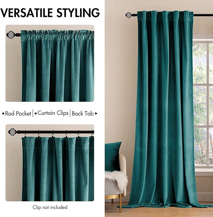 MIULEE Teal Velvet Curtains 52x90 inches 2 Panels Luxury Blackout Curtains | - Image 2