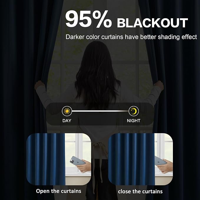 Navy Blackout Pleated Curtains 96 Inch Length Soft Polyester Blue Drapes - Image 3