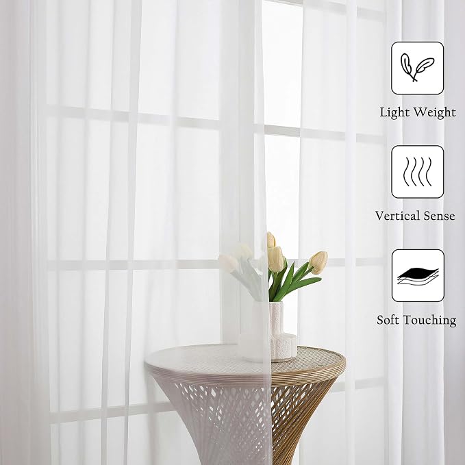 Sheer White Curtains 96 Inches Long 2 Panels Set, Solid Airy Voile Dual Rod - Image 3