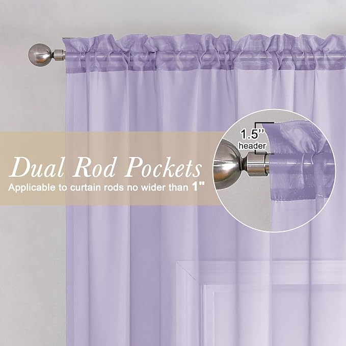 Lavender Sheer Curtains 96 Inches Long 2 Panels Set, Light Filtering Solid - Image 4