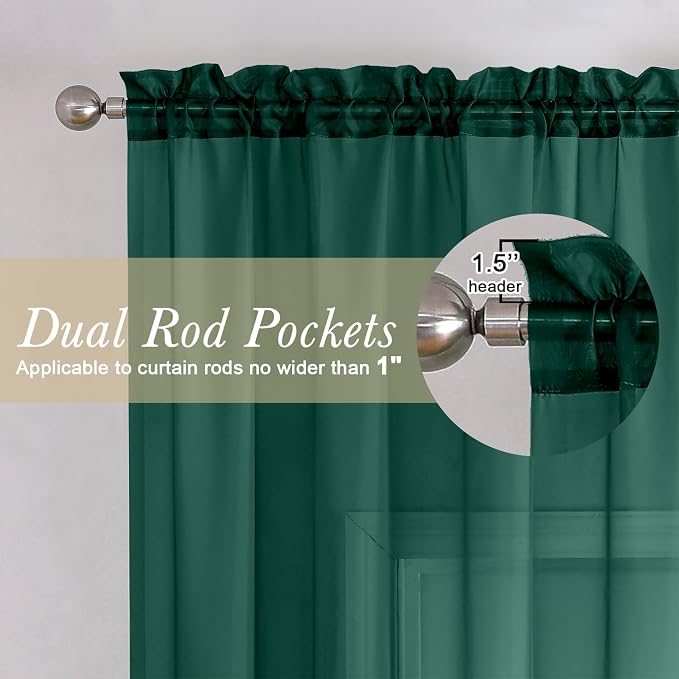 Hunter Green Sheer Curtains 63 Inch Length 2 Panels Set, Voile Solid Window - Image 2