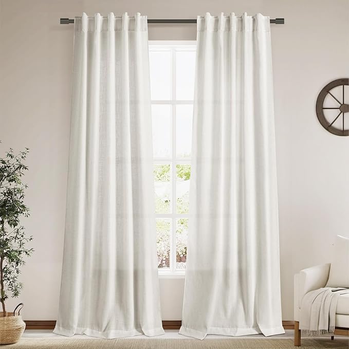 Linen Sheer Curtains 108 Inches Long Back Tab Rod Pocket 2 Panels Cream Semi by Nanspring