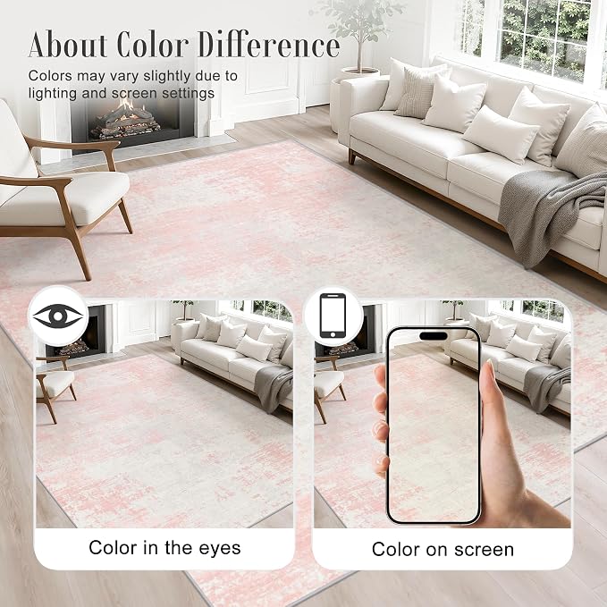 2x3 Washable Entryway Rug: Modern Abstract Soft Carpet Pink White | - Image 4