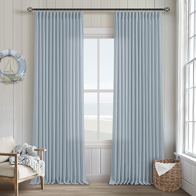 Dusty Blue Linen Pinch Pleated Curtains 108 Inches Long 2 Panels | Semi Sheer - Image 9