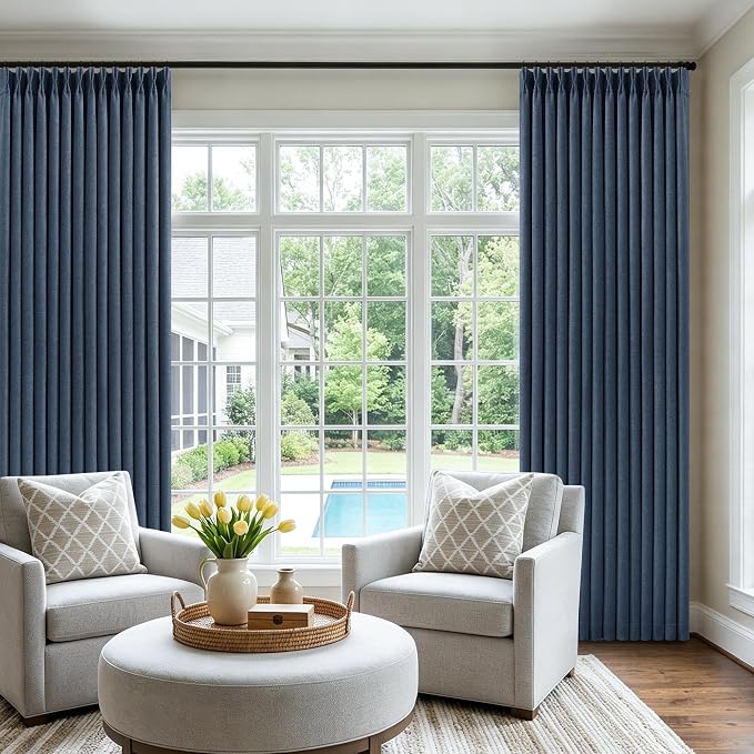 Navy Blue 108 Inch Pinch Pleated Blackout Linen Bedroom Curtains 2 Panels | - Image 9