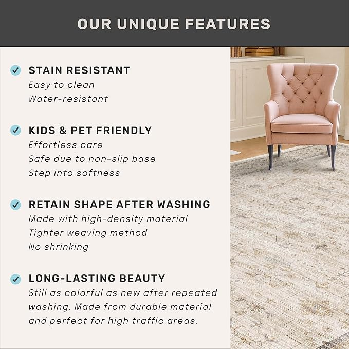 Washable Ivory Beige Living Room Rug, 8x12 Non Slip Area Rugs - Image 7