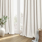 Beige White 100% Blackout Linen Curtains 110 Inch Length 2 Panels Set - Image 9
