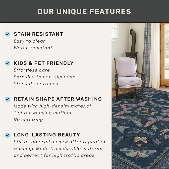 Dark Blue 2x4 Non Slip Bathroom Rug, Washable Vintage Boho Insect Carpet - Image 7