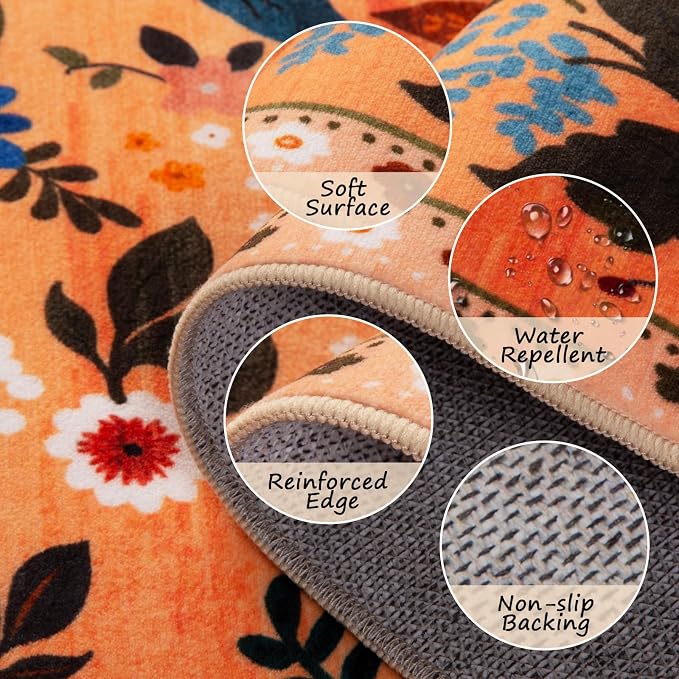 Floral Washable 2x8 Area Rugs Runner Entryway Hallway Yellow/Orange/Red | - Image 3