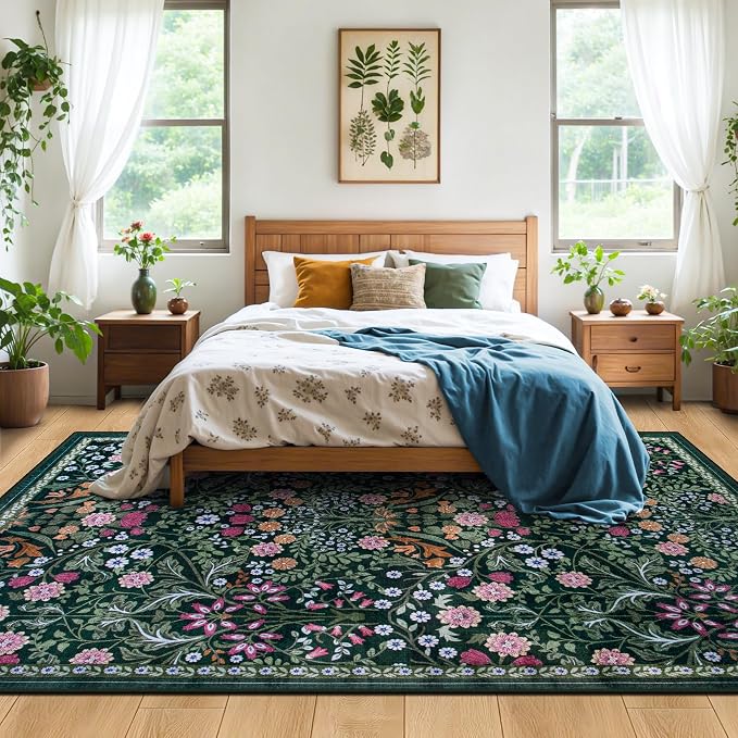 PLHXFR Area Rug 9x12 Living Room: Floral Washable Boho Carpet Dark Green | - Image 3