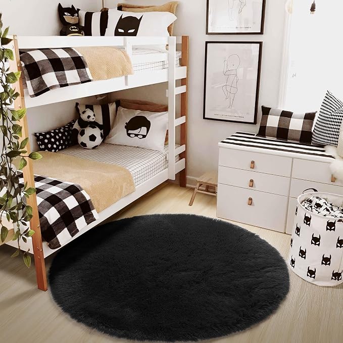 Amdrebio Black Large Furry Round Rug 7Ft - Image 7