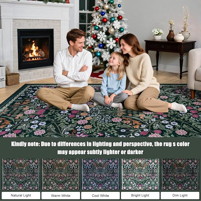 PLHXFR Round Area Rug Living Room: 8 ft Floral Washable Carpet Dark Green | - Image 9