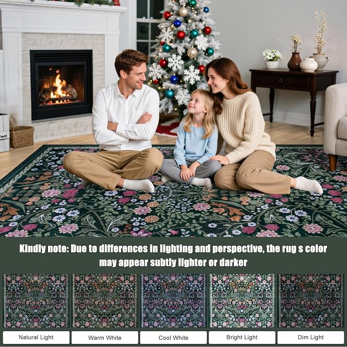 PLHXFR 8x10 Area Rug Living Room: Floral Washable Boho Carpet Dark Green | - Image 9