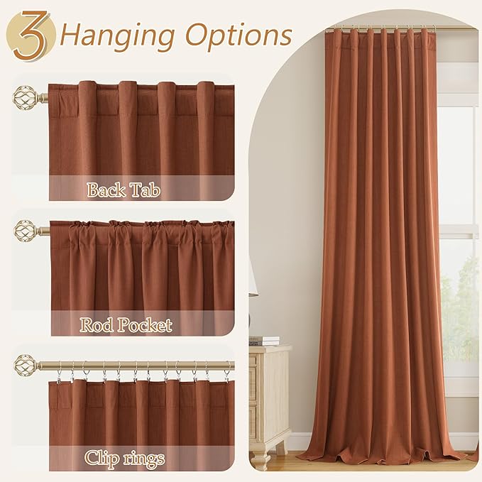 Terracotta 100% Blackout Linen Curtains 102 Inch Length 2 Panels Set Fall - Image 6
