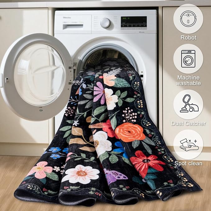 PLHXFR 2.6x10 Washable Runner Rug：Floral Indoor Kitchen Soft Carpet Black | - Image 8