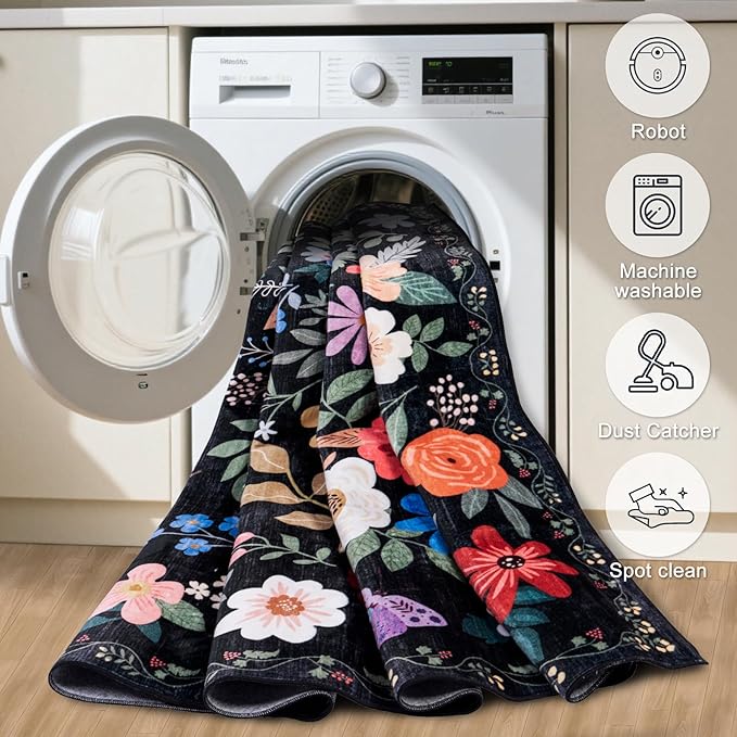 PLHXFR 3x10 Washable Runner Rug：Floral Indoor Kitchen Soft Carpet Black | - Image 8