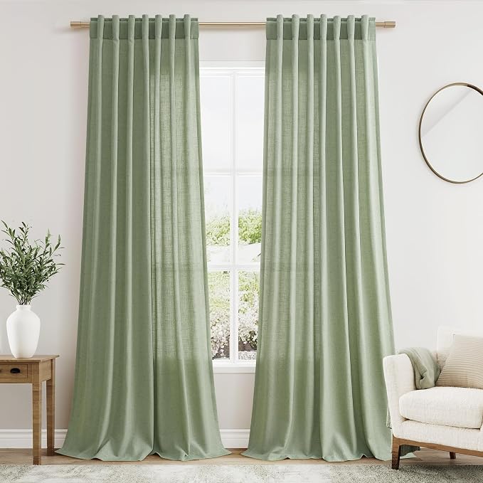 Light Sage Linen Curtains 90 Inch Long 2 Panels Set by Nanspring