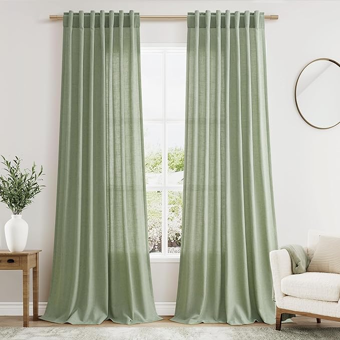 Light Sage Linen Curtains 96 Inches Long 2 Panels Set by Nanspring