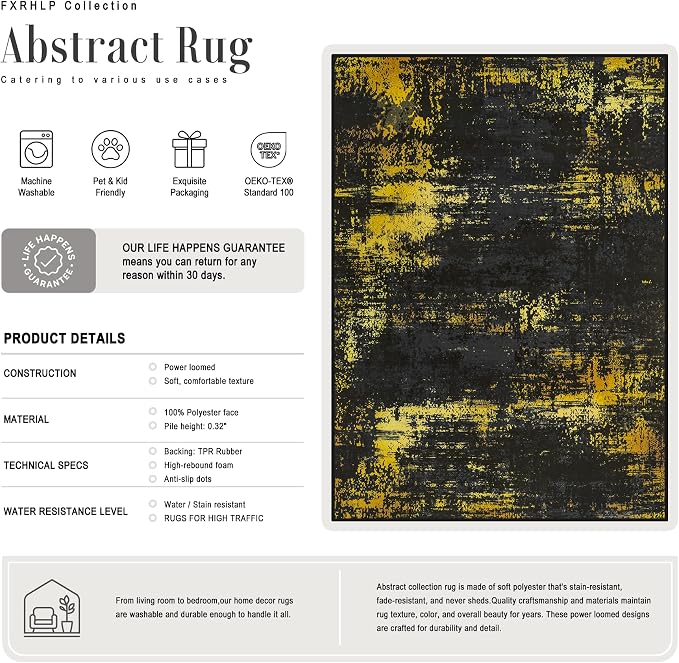 3x8 Washable Runner Rug：Modern Abstract Soft Carpet Black Gold | - Image 3