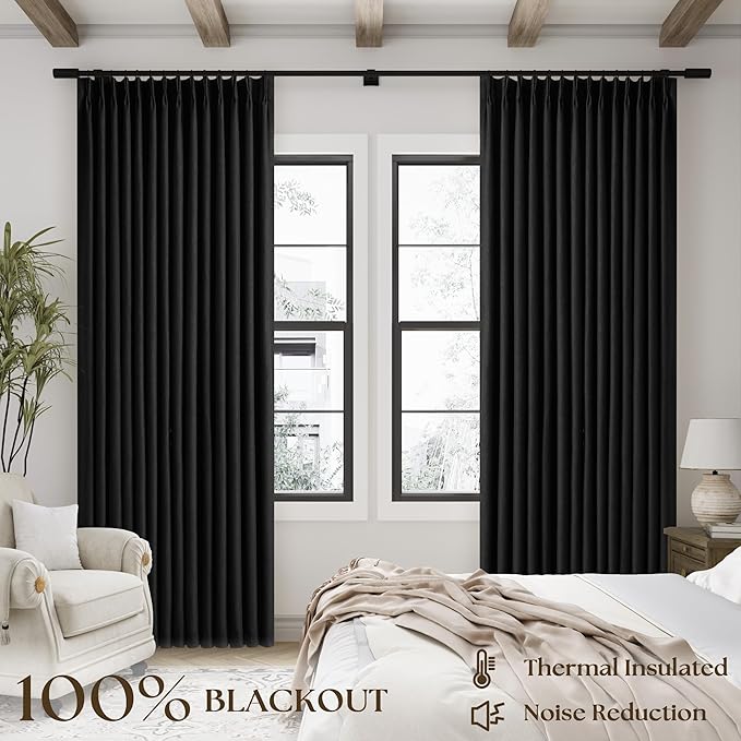 Black Pinch Pleated Full Blackout Linen 80 Inch Window Curtains 2 Panels | 100% - Image 3