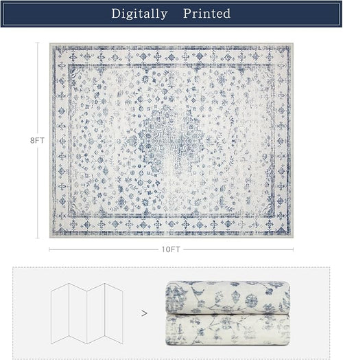 8x10 Washable Area Rugs for Living Room, Dining Room- Blue White | Retro Floral - Image 2