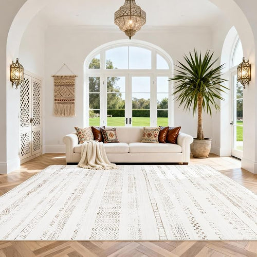 8x10 Washable Area Rugs for Living Room, Dining Room- Morocco White | Boho by Srugn