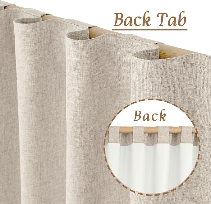 100% Blackout Linen Bedroom Curtains 63 Inches Long 2 Panels | Oatmeal - Image 3