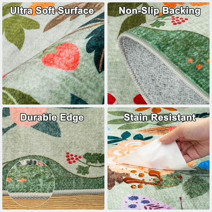 PLHXFR 2x6 Washable Runner Rug：Floral Indoor Kitchen Soft Carpet Green | - Image 8
