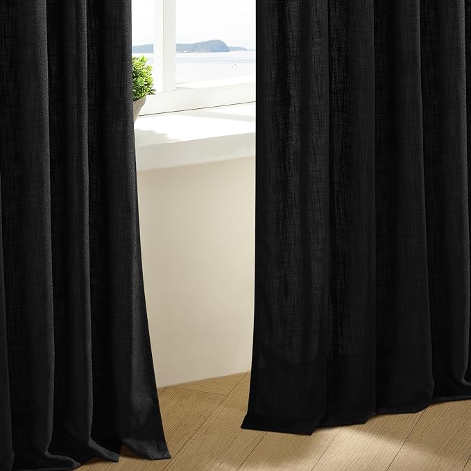 Black Pinch Pleated Linen Semi Sheer 96 Inch Curtains 2 Panels | Light Filtering - Image 6