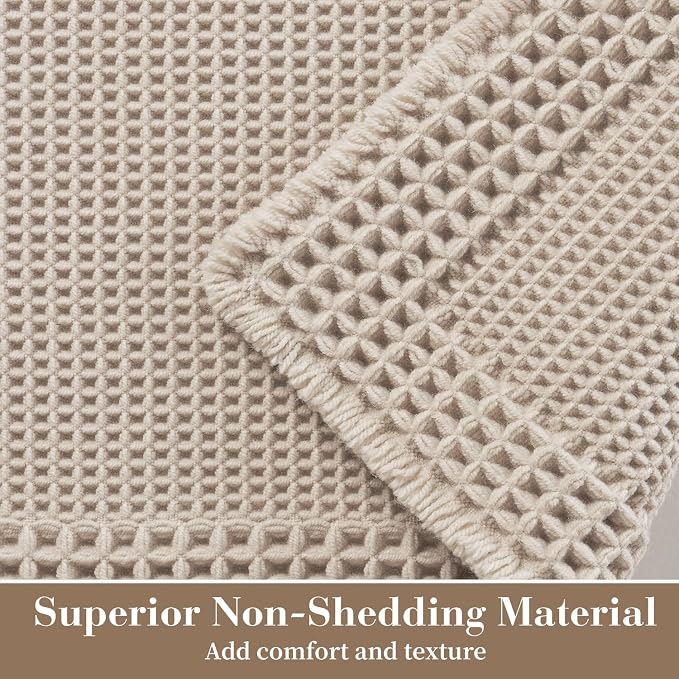 RESARE Waffle Bathroom Runner Rugs, Non Slip Boho Bath Mat 24x72 Pale Beige | - Image 2