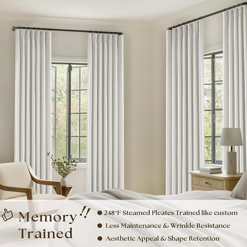 100% Blackout Pinch Pleated Linen 84 Inch Curtains 2 Panels Beige White | 2 - Image 2