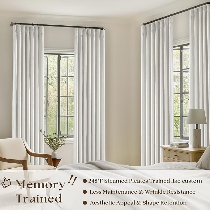 Beige White 63 Inch Length Blackout Pinch Pleated Linen Curtains - Image 2