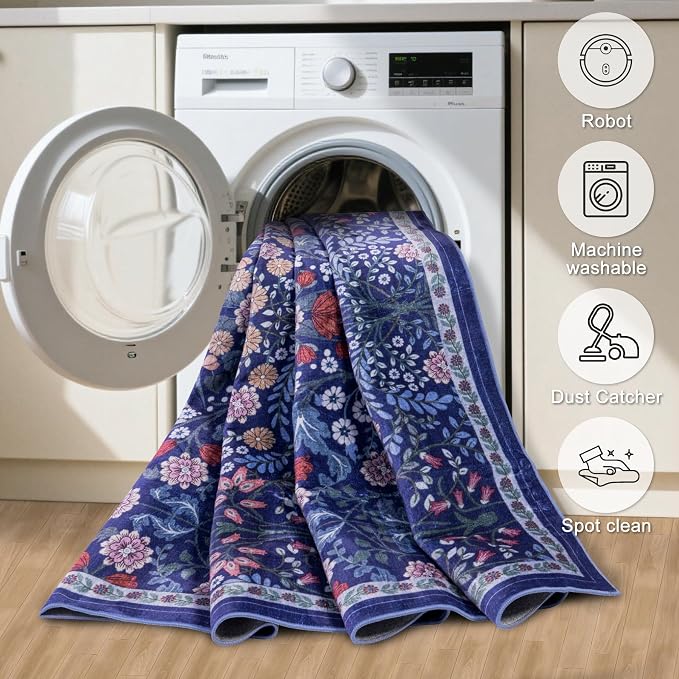 PLHXFR 2x3 Small Entryway Rug: Floral Washable Indoor Soft Carpet Blue | - Image 6