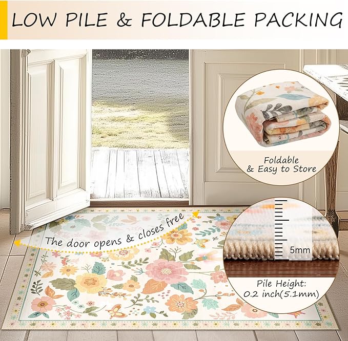 RELEANY Floral Washable 2x3 Area Rugs Doormat Beige/White/Orange | Flower - Image 5