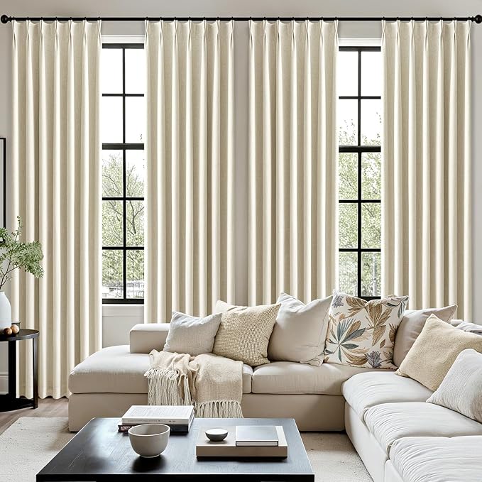 MIULEE Cream Pinch Pleated 100% Blackout Linen Curtains 40x102 Inches | Room - Image 7