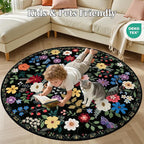 PLHXFR Round Area Rug Living Room: 4 ft Floral Washable Soft Carpet Black | - Image 8